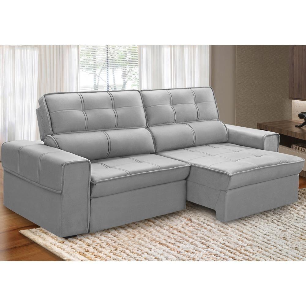 Sofá Retrátil Reclinável Para Sala 3 Lugares 230cm Samir F04 Veludo Cinza Claro - Lyam Decor - 2