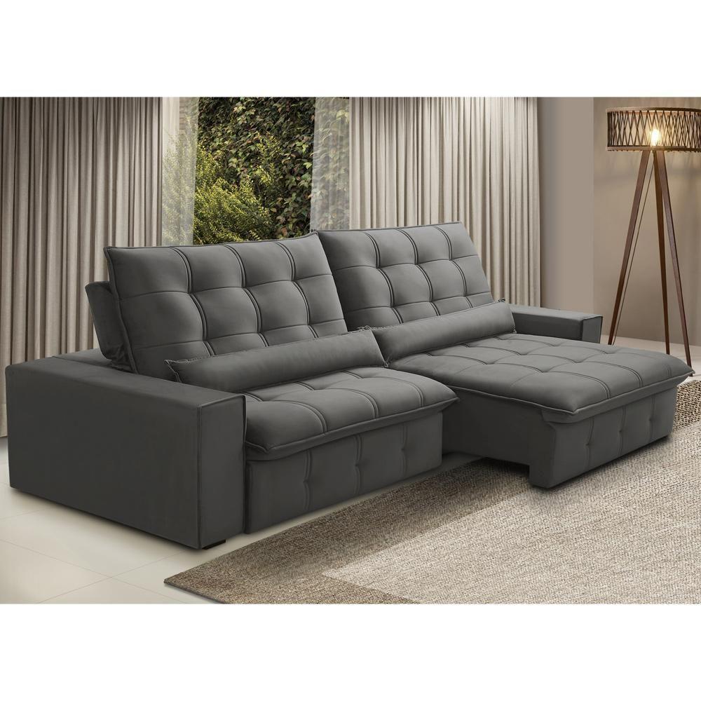Sofá Retrátil Reclinável Para Sala 4 Lugares 290cm Curie F04 Veludo Cinza Escuro - Lyam Decor - 2