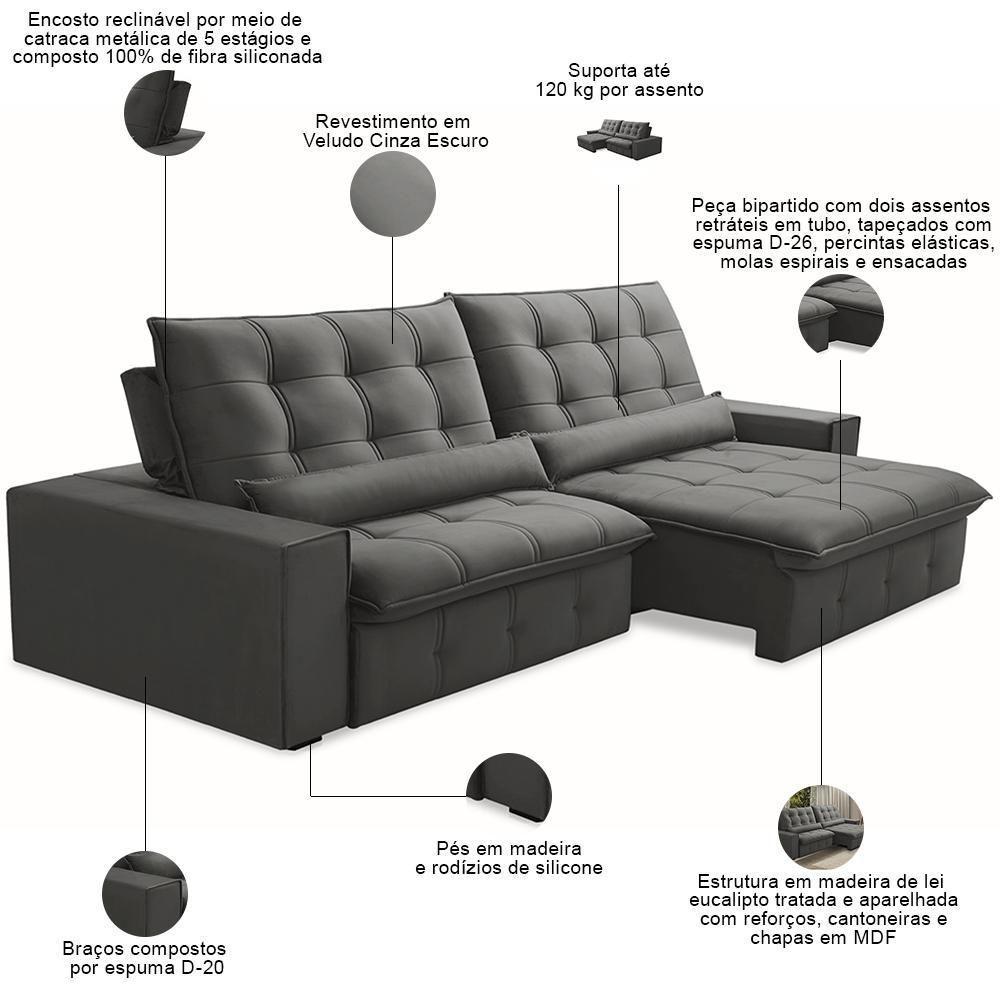 Sofá Retrátil Reclinável Para Sala 4 Lugares 290cm Curie F04 Veludo Cinza Escuro - Lyam Decor - 3