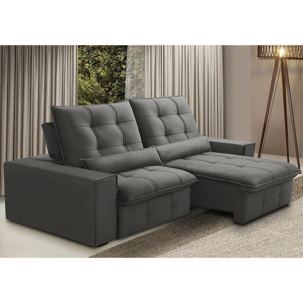 Sofá Retrátil Reclinável Para Sala 3 Lugares 210cm Curie F04 Veludo Cinza Escuro - Lyam Decor - 2