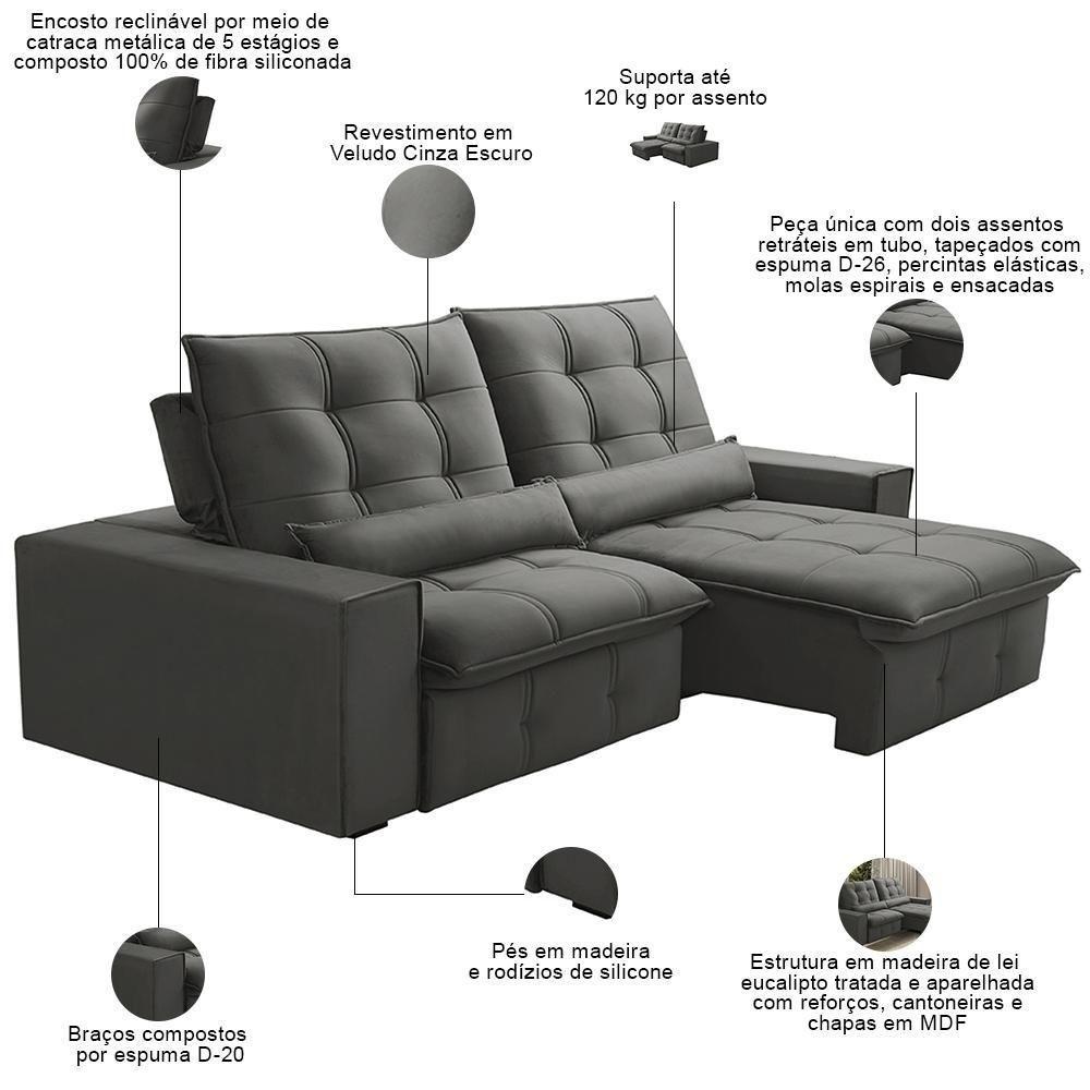 Sofá Retrátil Reclinável Para Sala 3 Lugares 210cm Curie F04 Veludo Cinza Escuro - Lyam Decor - 3