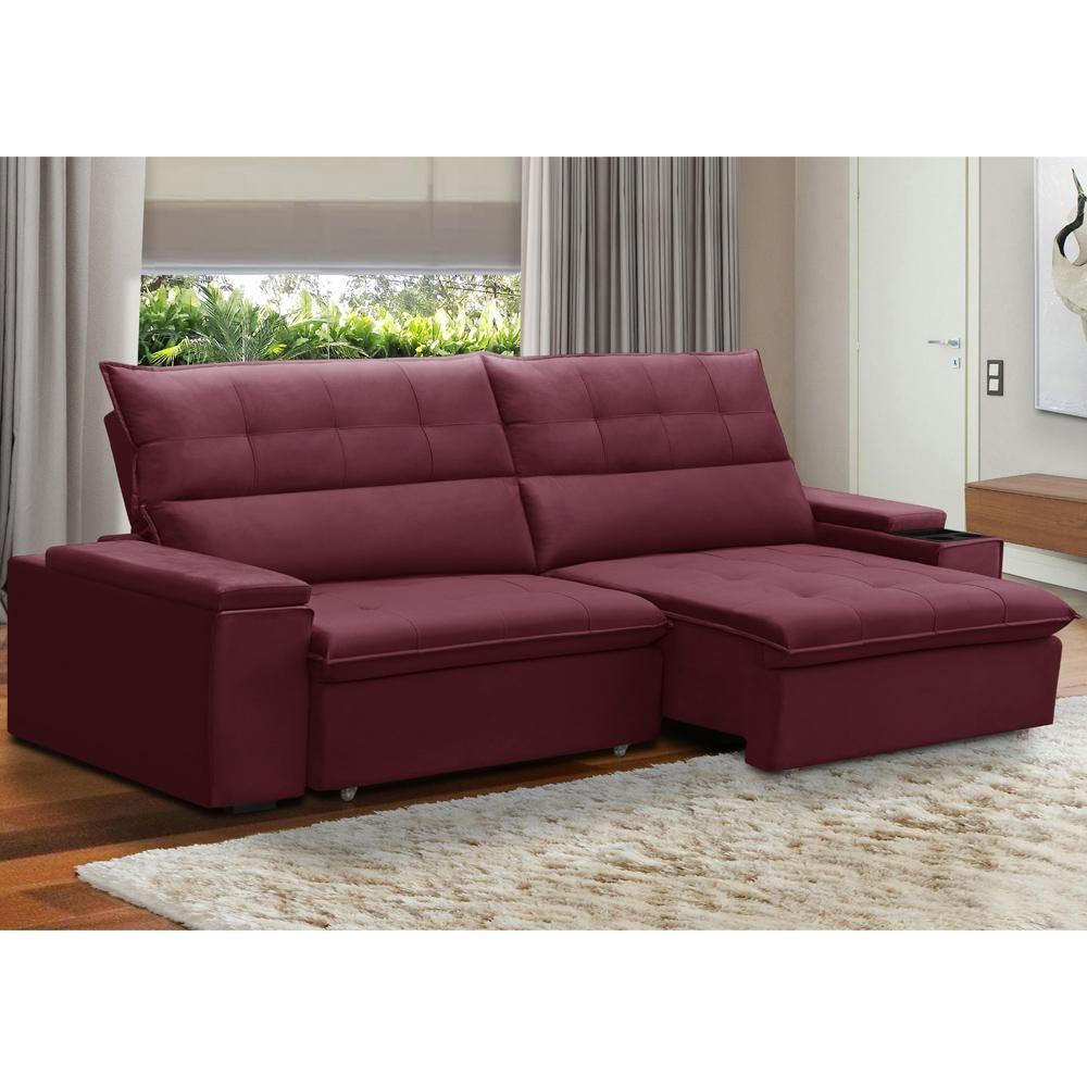 Sofá Retrátil Reclinável Para Sala 4 Lugares 270cm Niels F04 Veludo Vermelho - Lyam Decor - 2