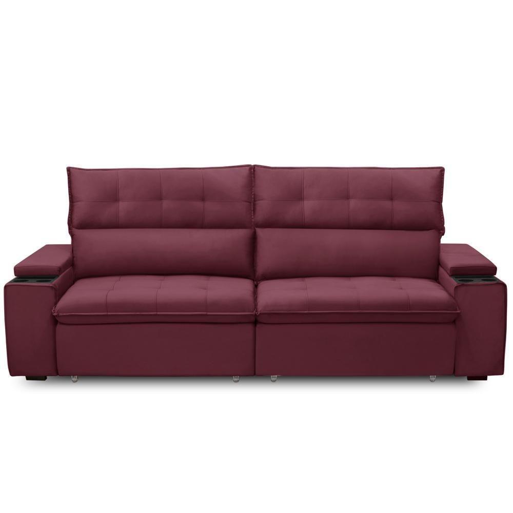 Sofá Retrátil Reclinável Para Sala 4 Lugares 270cm Niels F04 Veludo Vermelho - Lyam Decor - 3
