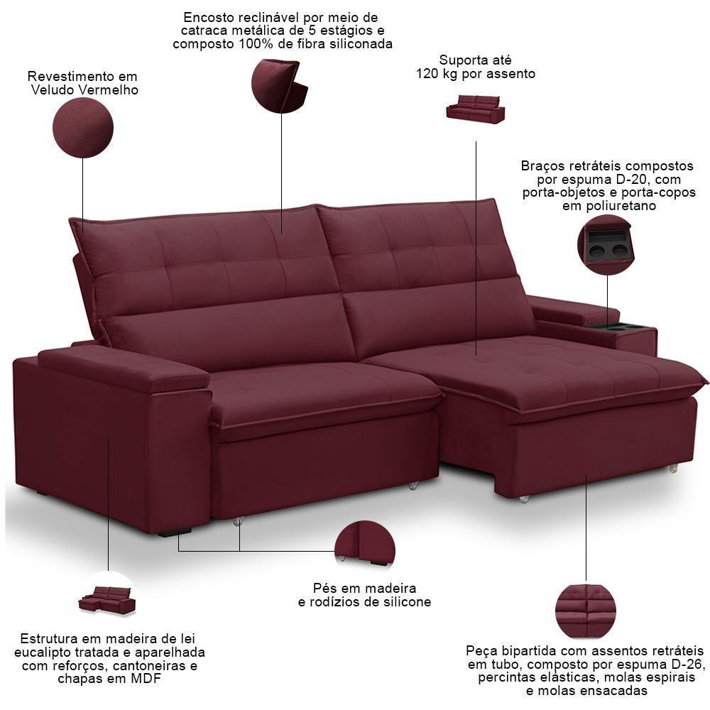 Sofá Retrátil Reclinável Para Sala 4 Lugares 270cm Niels F04 Veludo Vermelho - Lyam Decor - 4