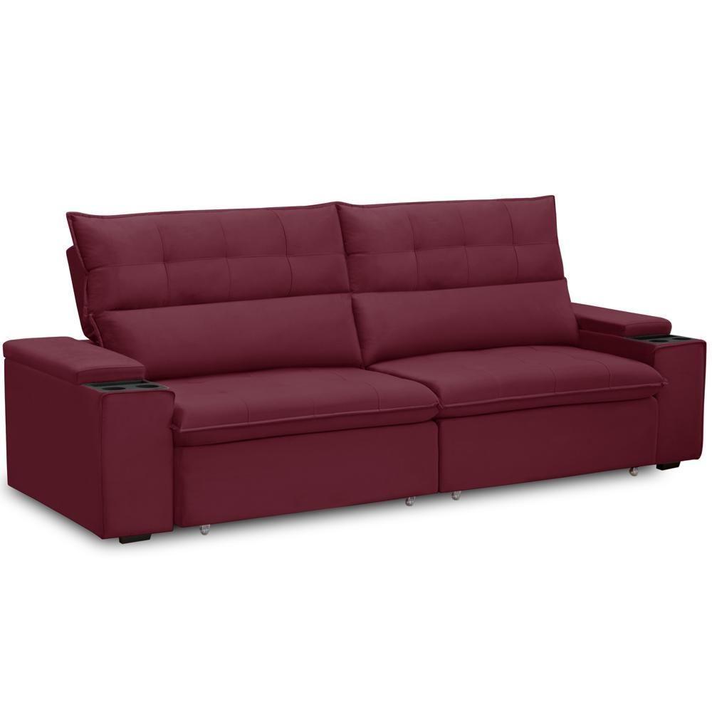 Sofá Retrátil Reclinável Para Sala 4 Lugares 270cm Niels F04 Veludo Vermelho - Lyam Decor - 7