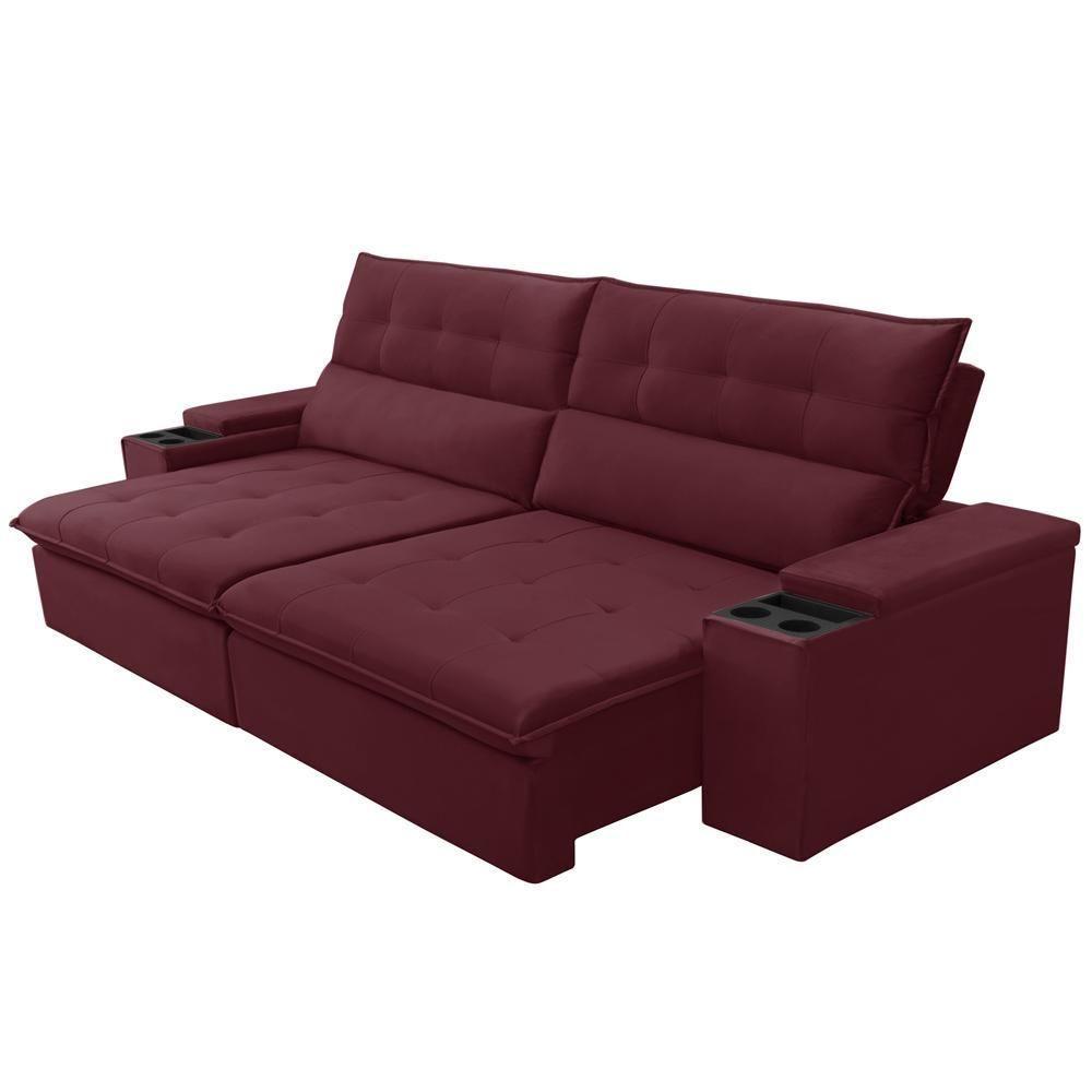 Sofá Retrátil Reclinável Para Sala 4 Lugares 270cm Niels F04 Veludo Vermelho - Lyam Decor - 10
