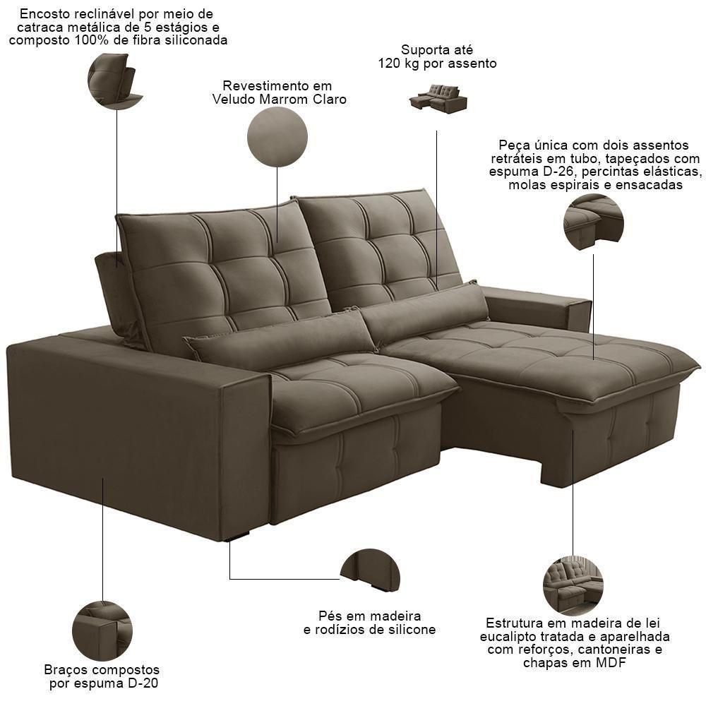 Sofá Retrátil Reclinável Para Sala 3 Lugares 230cm Curie F04 Veludo Marrom Claro - Lyam Decor - 3