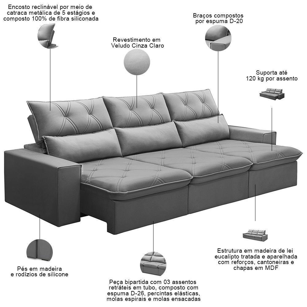 Sofá Retrátil Reclinável Para Sala 3 Lugares 230cm Aires F04 Veludo Cinza Claro - Lyam Decor - 7