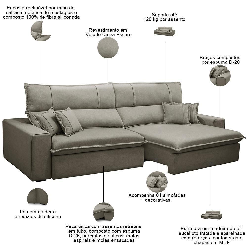 Sofá Retrátil Reclinável Para Sala 3 Lugares 250cm Aisha F04 Veludo Marrom Claro - Lyam Decor - 3