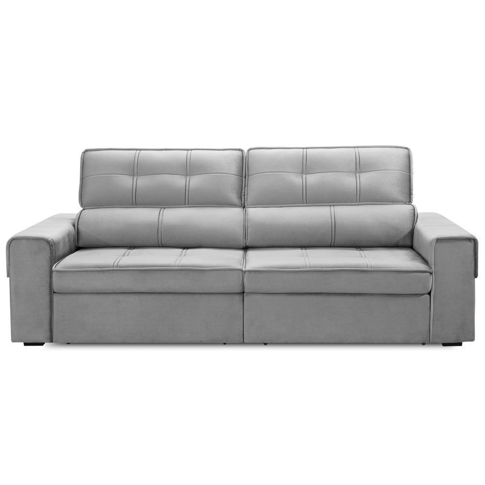 Sofá Retrátil Reclinável Para Sala 3 Lugares 210cm Samir F04 Veludo Cinza Claro - Lyam Decor - 3