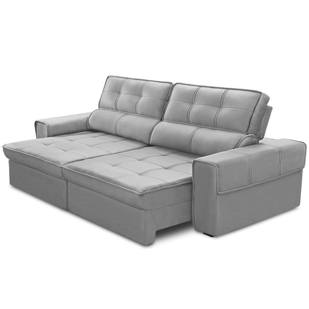 Sofá Retrátil Reclinável Para Sala 3 Lugares 210cm Samir F04 Veludo Cinza Claro - Lyam Decor - 6