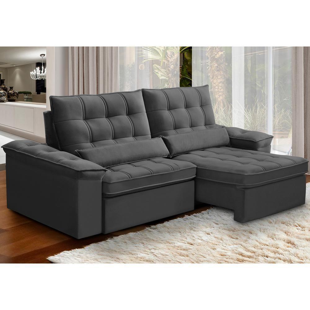 Sofá Retrátil Reclinável Para Sala 3 Lugares 250cm Maresi F04 Veludo Cinza Escuro - Lyam Decor - 2