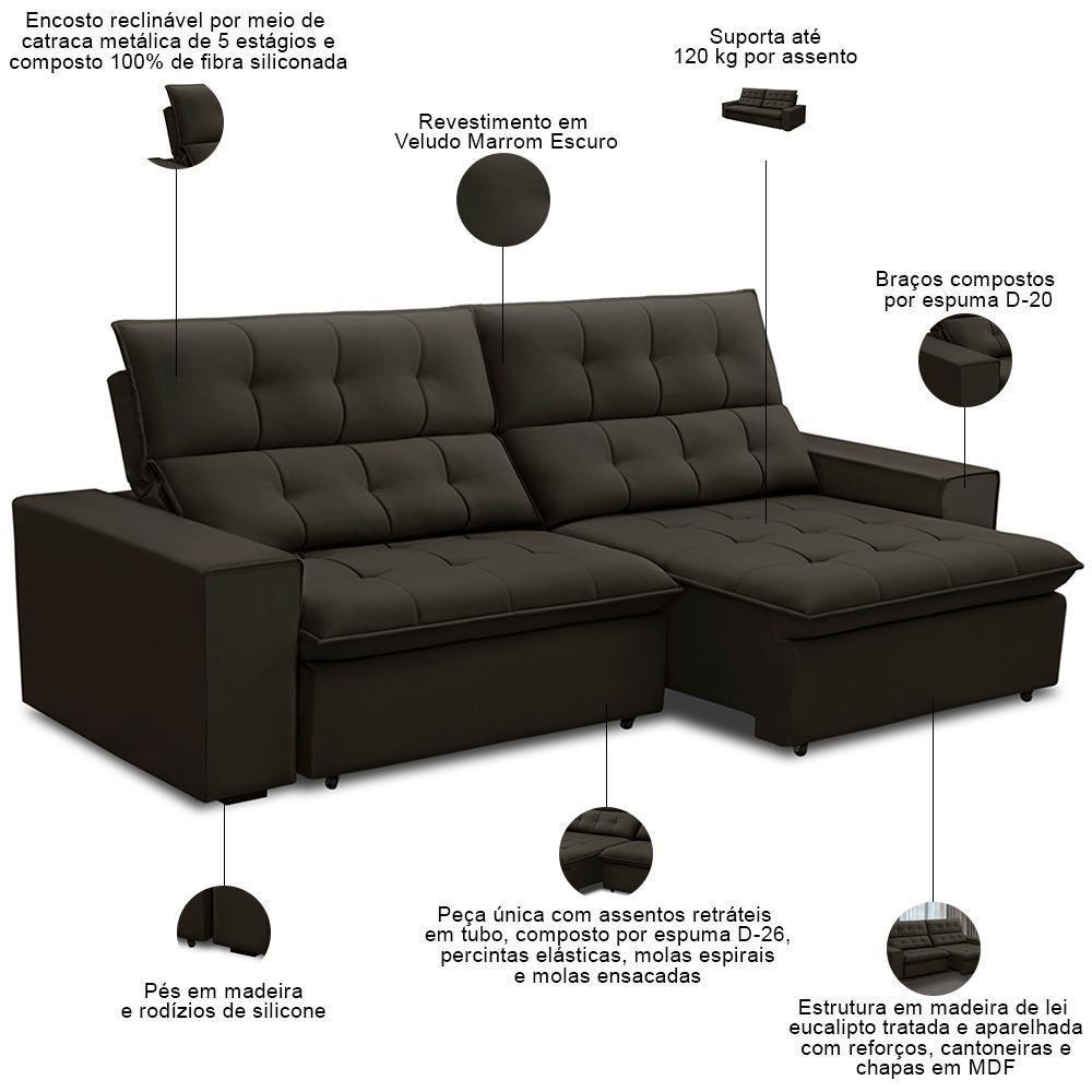 Sofá Retrátil Reclinável Para Sala 3 Lugares 250cm Vincent F04 Veludo Marrom Escuro - Lyam Decor - 3
