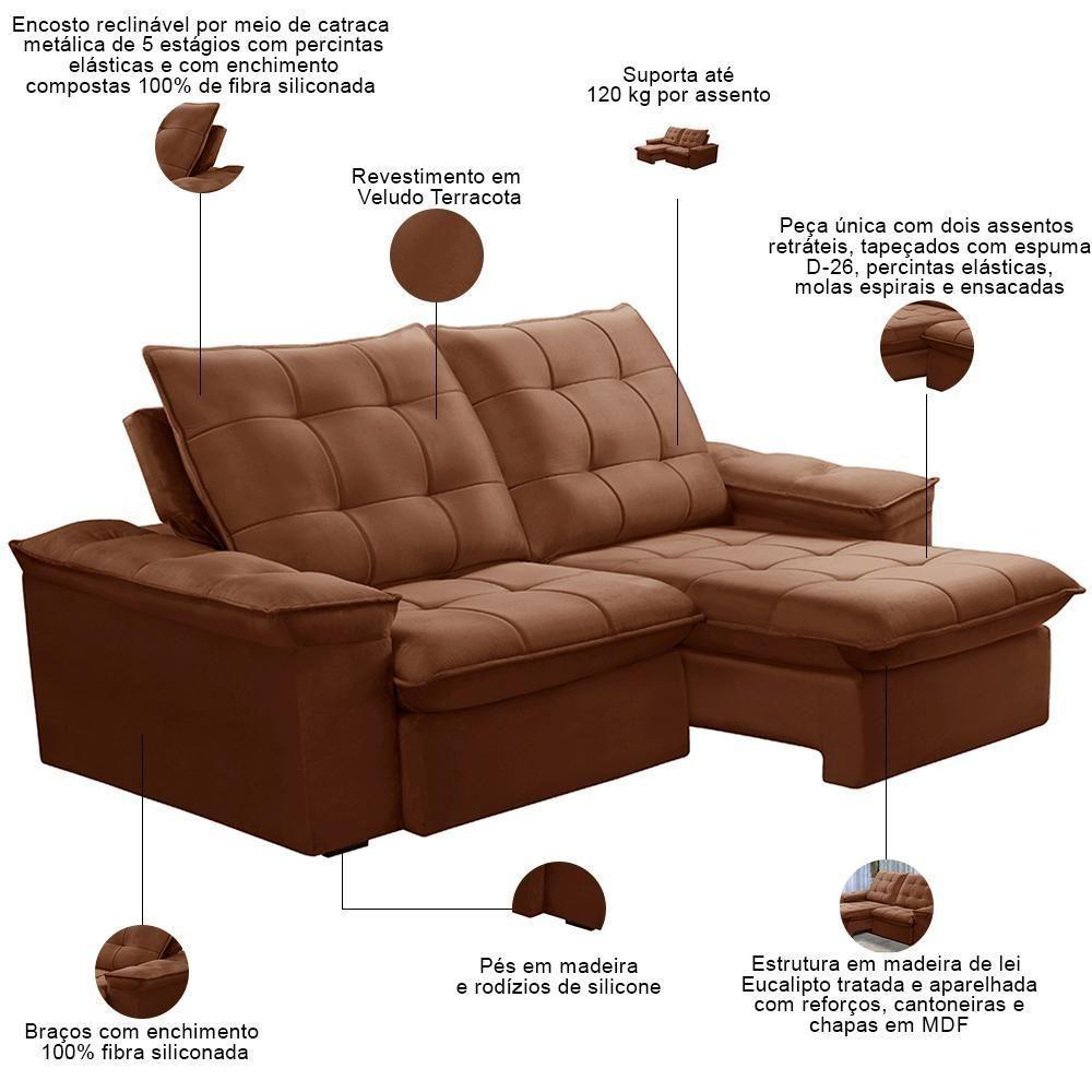 Sofá Retrátil Reclinável Para Sala 3 Lugares 230cm Nijma F04 Veludo Terracota - Lyam Decor - 3