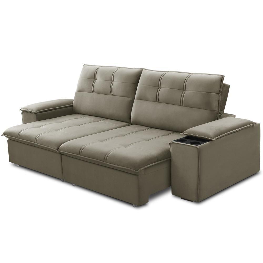 Sofá Retrátil Reclinável Para Sala 3 Lugares 230cm Zayn F04 Veludo Marrom Claro - Lyam Decor - 7