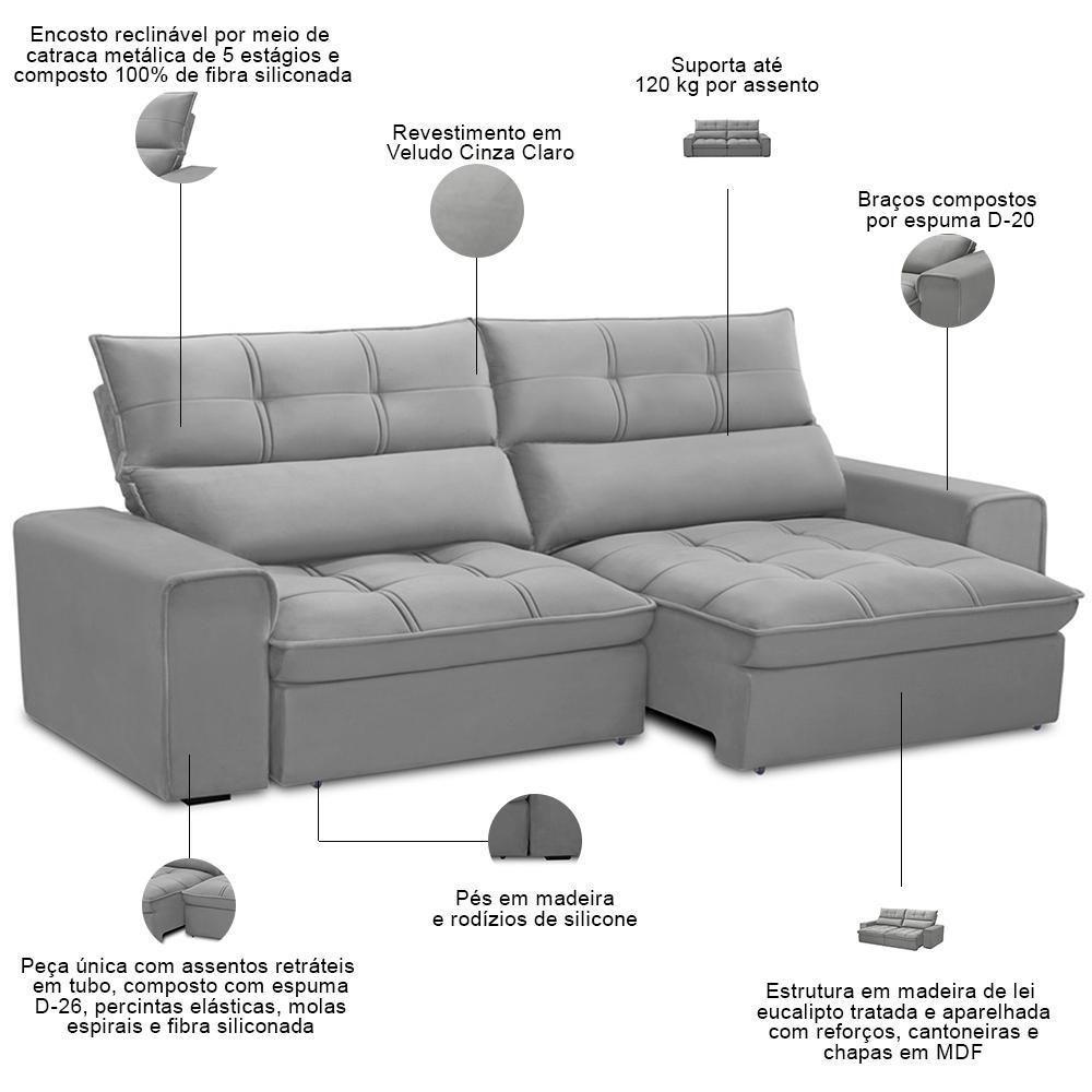 Sofá Retrátil Reclinável Para Sala 3 Lugares 250cm Asaph F04 Veludo Cinza Claro - Lyam Decor - 2