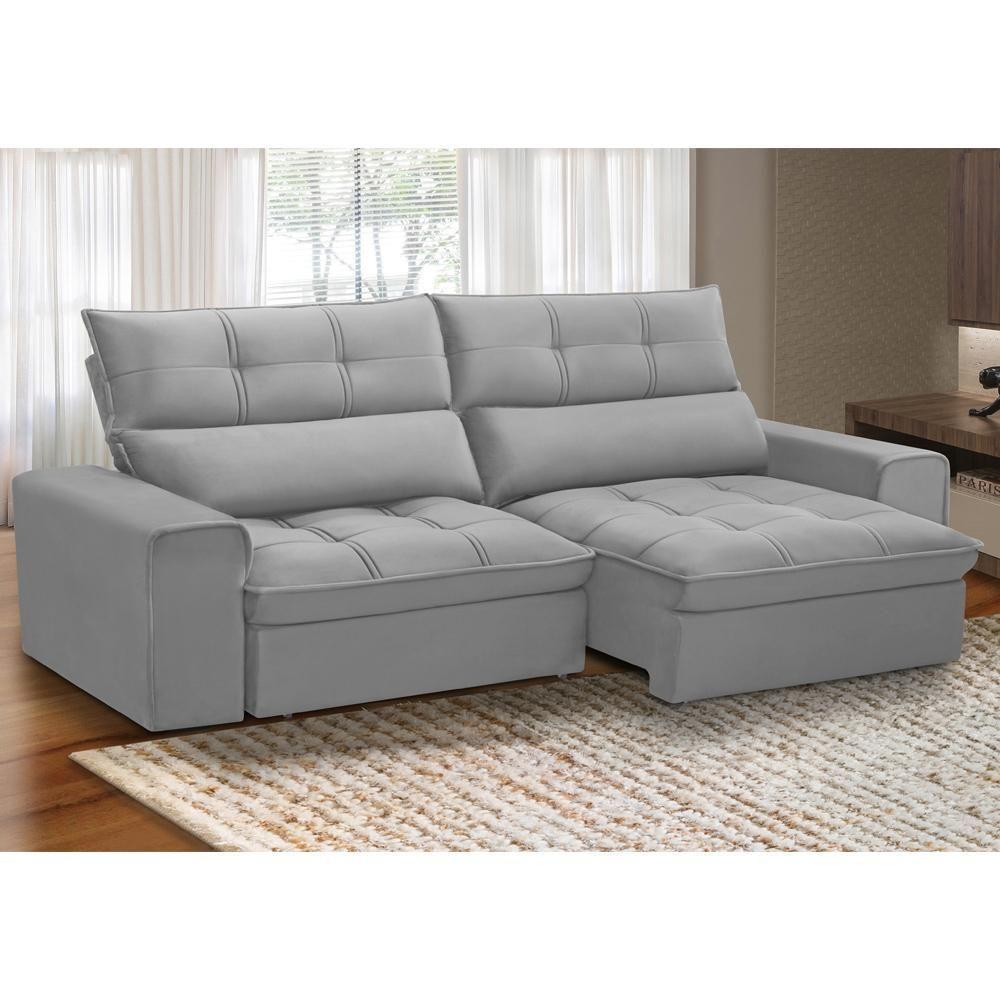 Sofá Retrátil Reclinável Para Sala 3 Lugares 250cm Asaph F04 Veludo Cinza Claro - Lyam Decor - 9