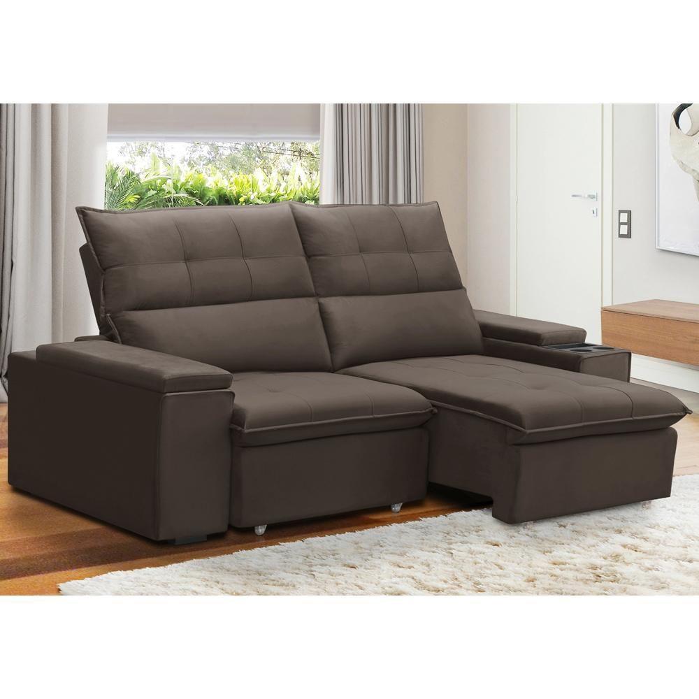 Sofá Retrátil Reclinável Para Sala 3 Lugares 210cm Niels F04 Veludo Marrom - Lyam Decor - 2