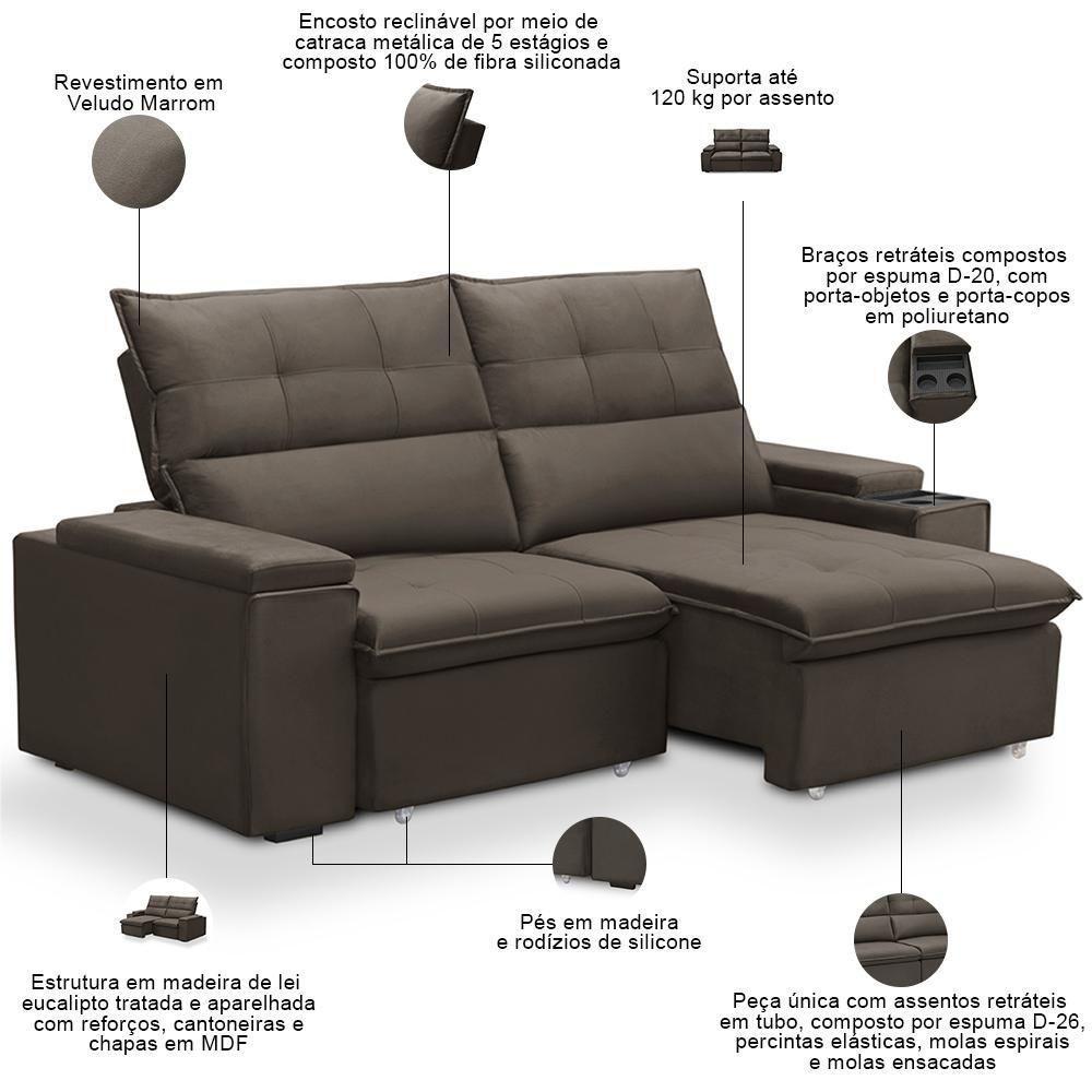 Sofá Retrátil Reclinável Para Sala 3 Lugares 210cm Niels F04 Veludo Marrom - Lyam Decor - 4