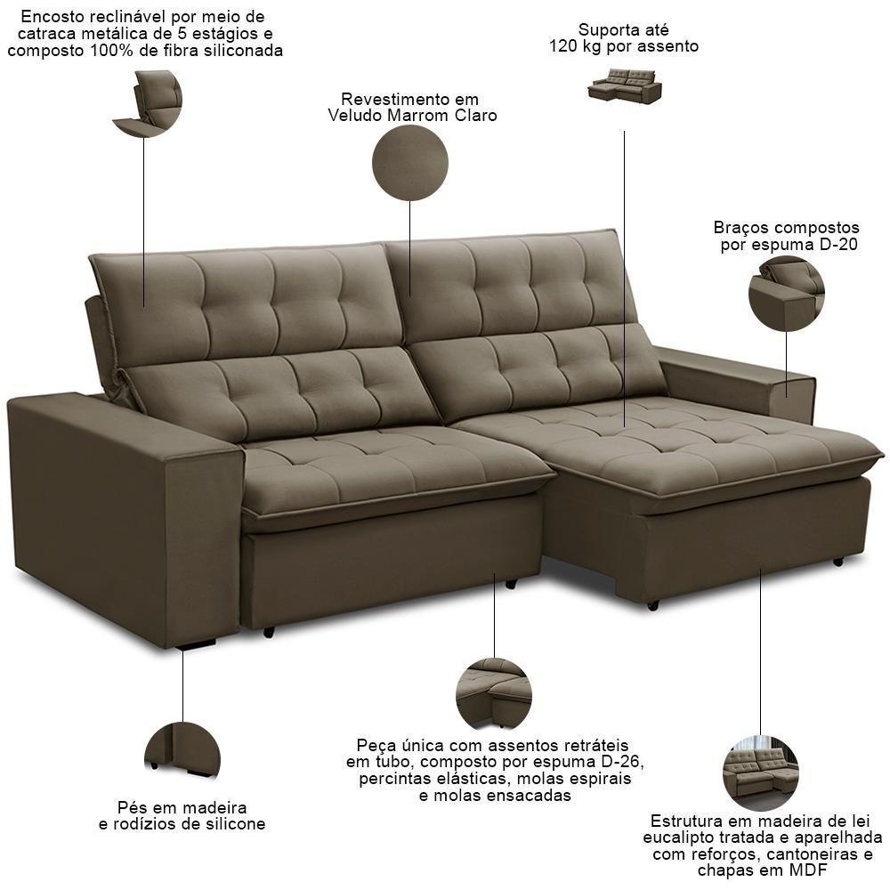 Sofá Retrátil Reclinável Para Sala 3 Lugares 250cm Vincent F04 Veludo Marrom Claro - Lyam Decor - 3