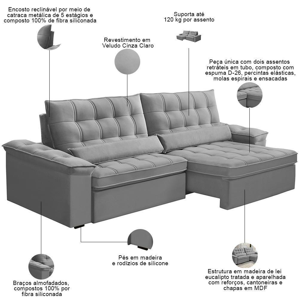 Sofá Retrátil Reclinável Para Sala 4 Lugares 290cm Maresi F04 Veludo Cinza Claro - Lyam Decor - 3