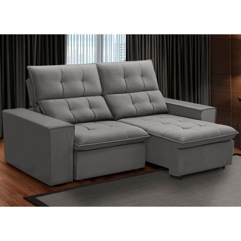 Sofá Retrátil Reclinável Para Sala 3 Lugares 210cm Vincent F04 Veludo Cinza Claro - Lyam Decor - 3