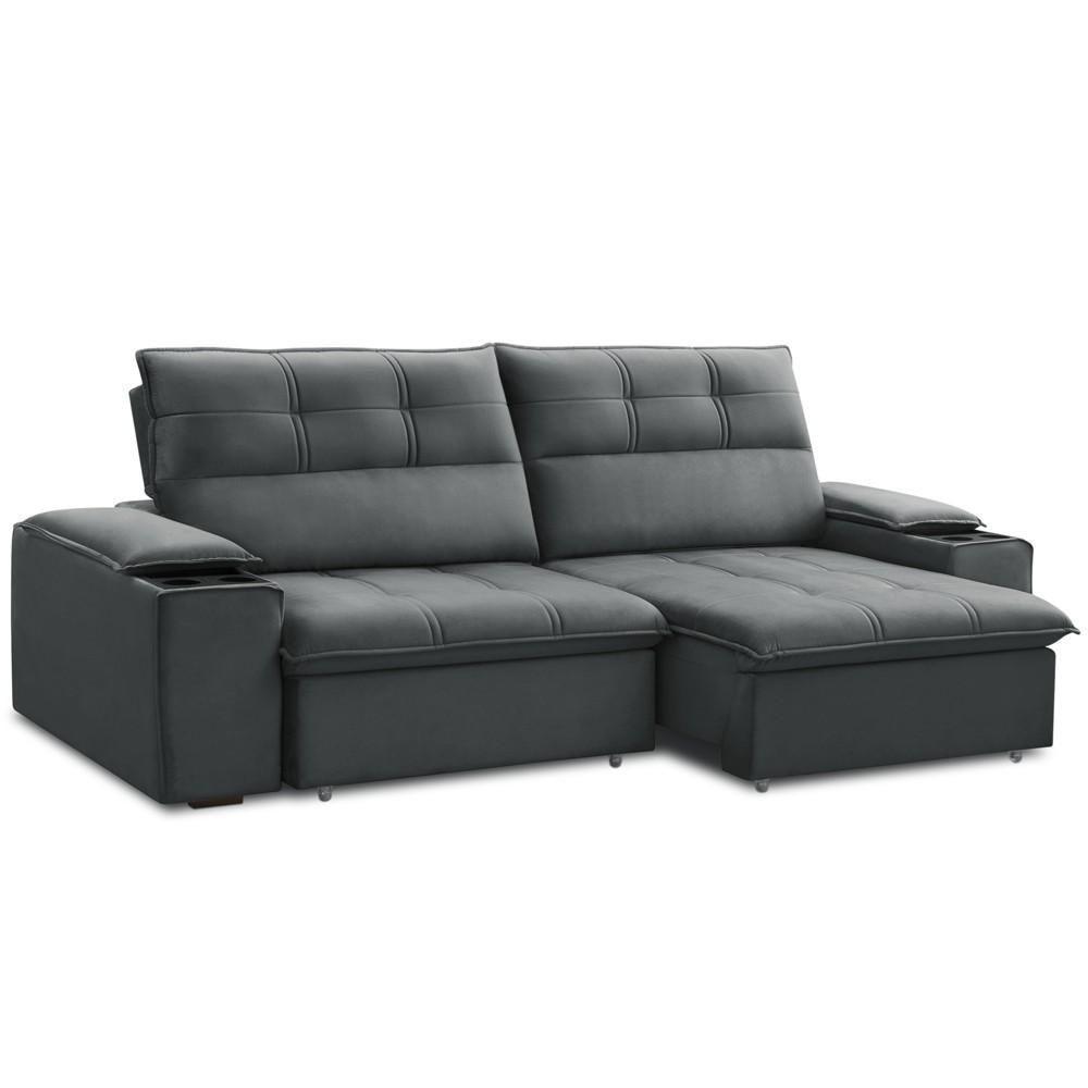 Sofá Retrátil Reclinável Para Sala 3 Lugares 250cm Zayn F04 Veludo Cinza Escuro - Lyam Decor - 1