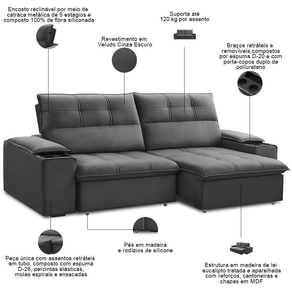 Sofá Retrátil Reclinável Para Sala 3 Lugares 250cm Zayn F04 Veludo Cinza Escuro - Lyam Decor - 4