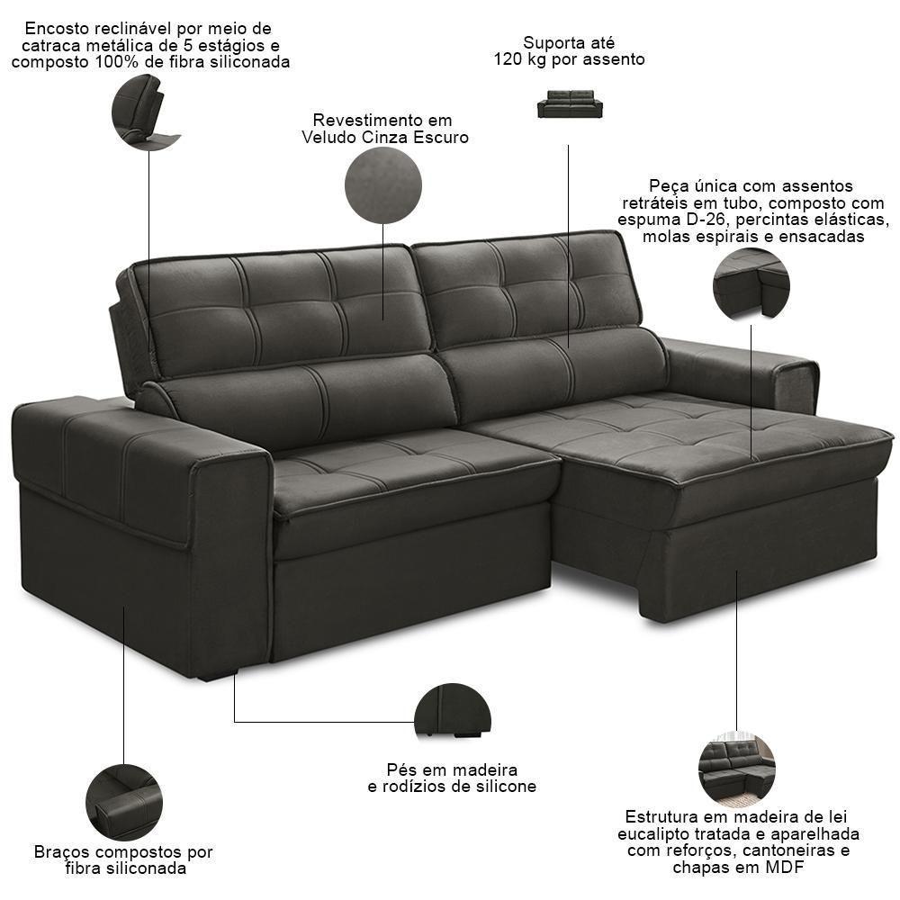 Sofá Retrátil Reclinável Para Sala 3 Lugares 230cm Samir F04 Veludo Marrom Escuro - Lyam Decor - 7