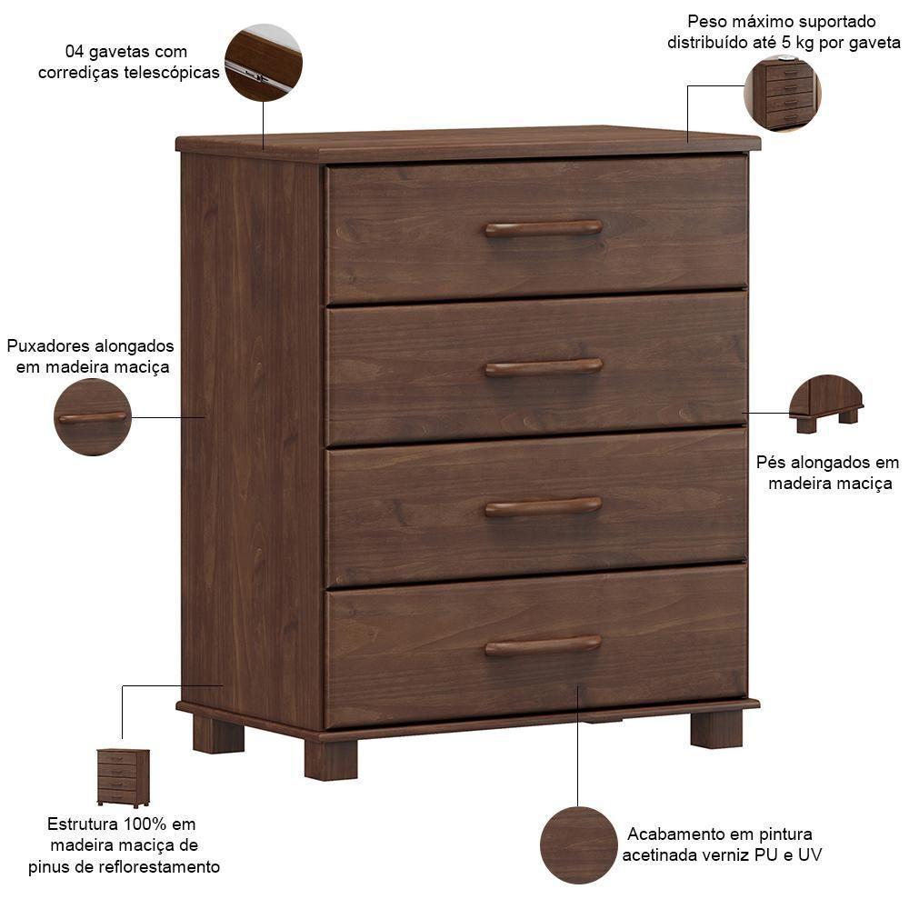 Cômoda Para Quarto Closet 4 Gavetas Madeira Maciça Zahav F06 Café - Lyam Decor - 3
