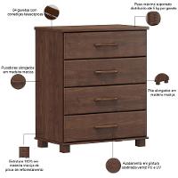 Cômoda Para Quarto Closet 4 Gavetas Madeira Maciça Zahav F06 Café - Lyam Decor - 3