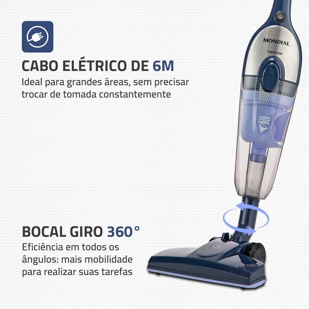 Aspirador De Pó Vertical Mondial Turbo Cycle HEPA AP-41-BLI 1550W Azul Escuro Com Inox 220V - 4