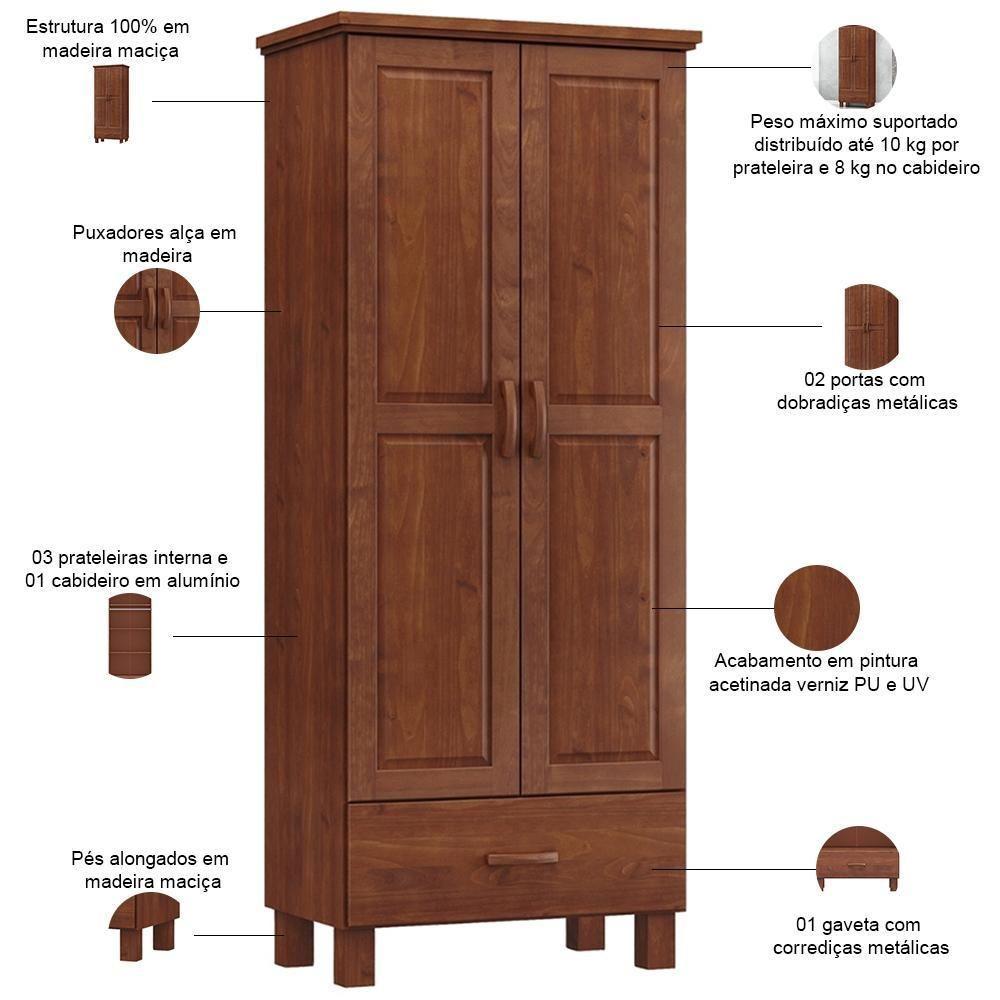 Guarda Roupa Solteiro 2 Portas 1 Gaveta Madeira Maciça Selena F06 Imbuia - Lyam Decor - 4