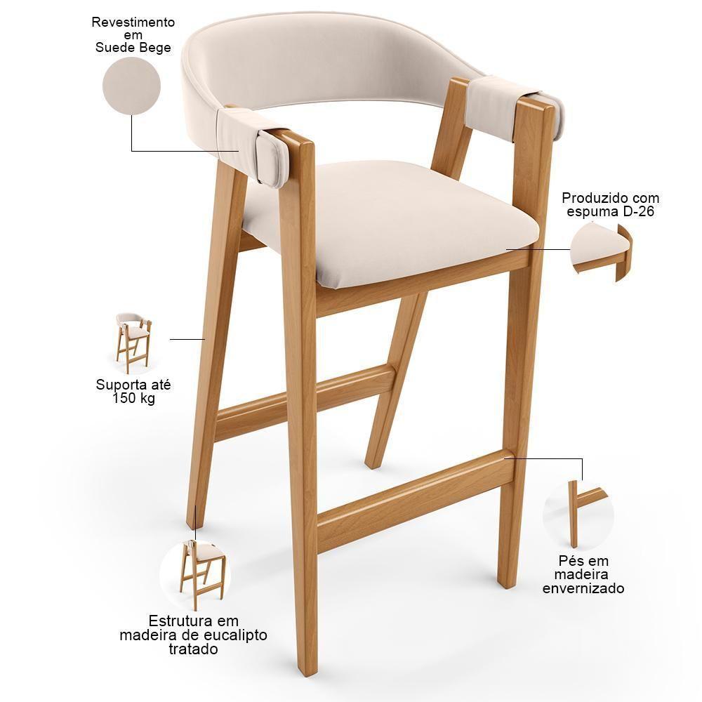 Banqueta Alta Bar Cozinha Sala De Jantar Bar Nadja L02 Suede Bege - Lyam Decor - 4