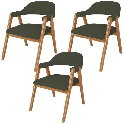 Kit 03 Cadeiras De Jantar E Estar Living Estofada Nadja L02 Linho Verde Musgo - Lyam Decor
