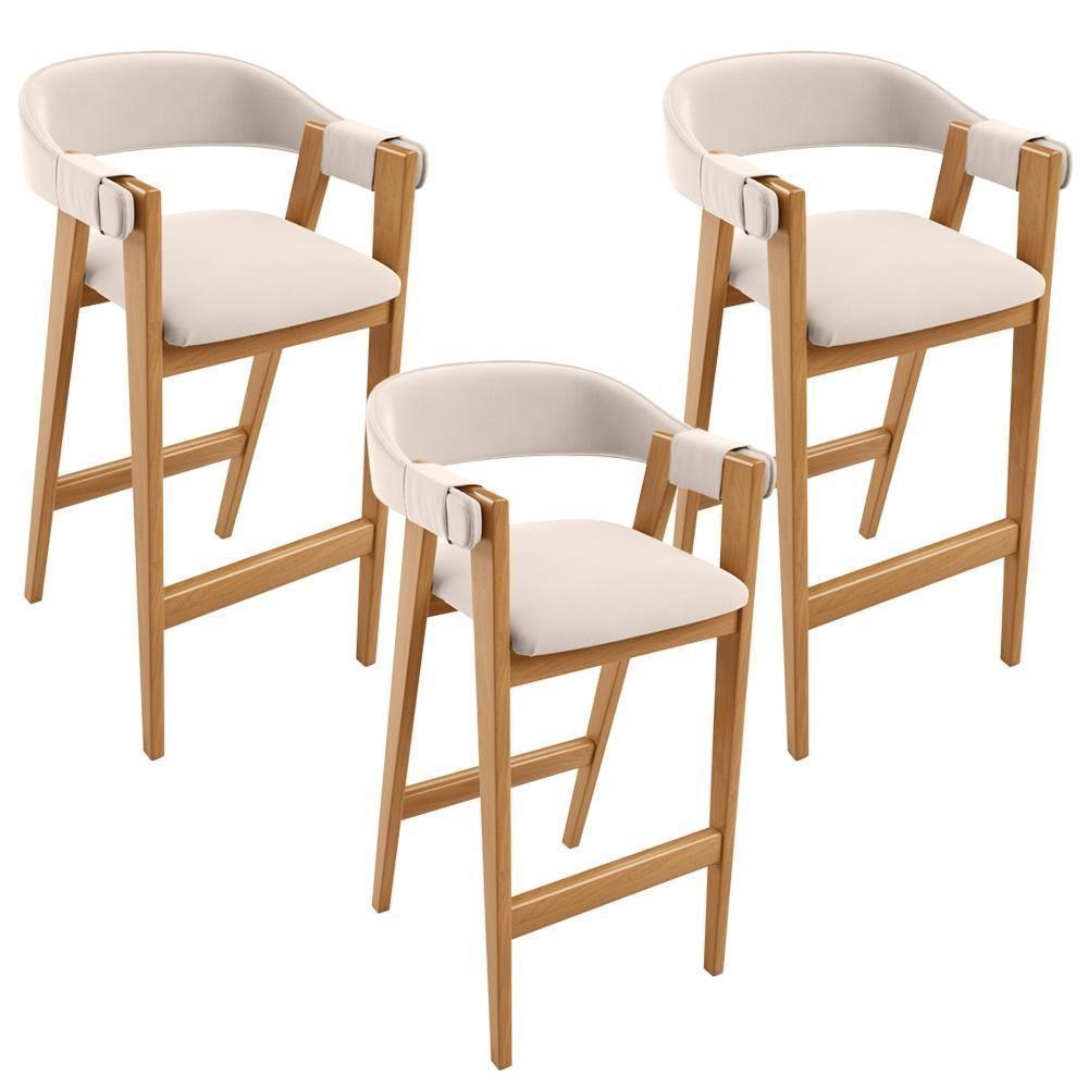 Kit 03 Banquetas Alta Bar Cozinha Sala De Jantar Bar Nadja L02 Suede Bege - Lyam Decor - 1