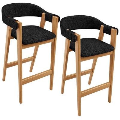 Kit 2 Banquetas Alta Nadja L02 Assento Linho Estrutura Madeira com Encosto Fixo Cinza