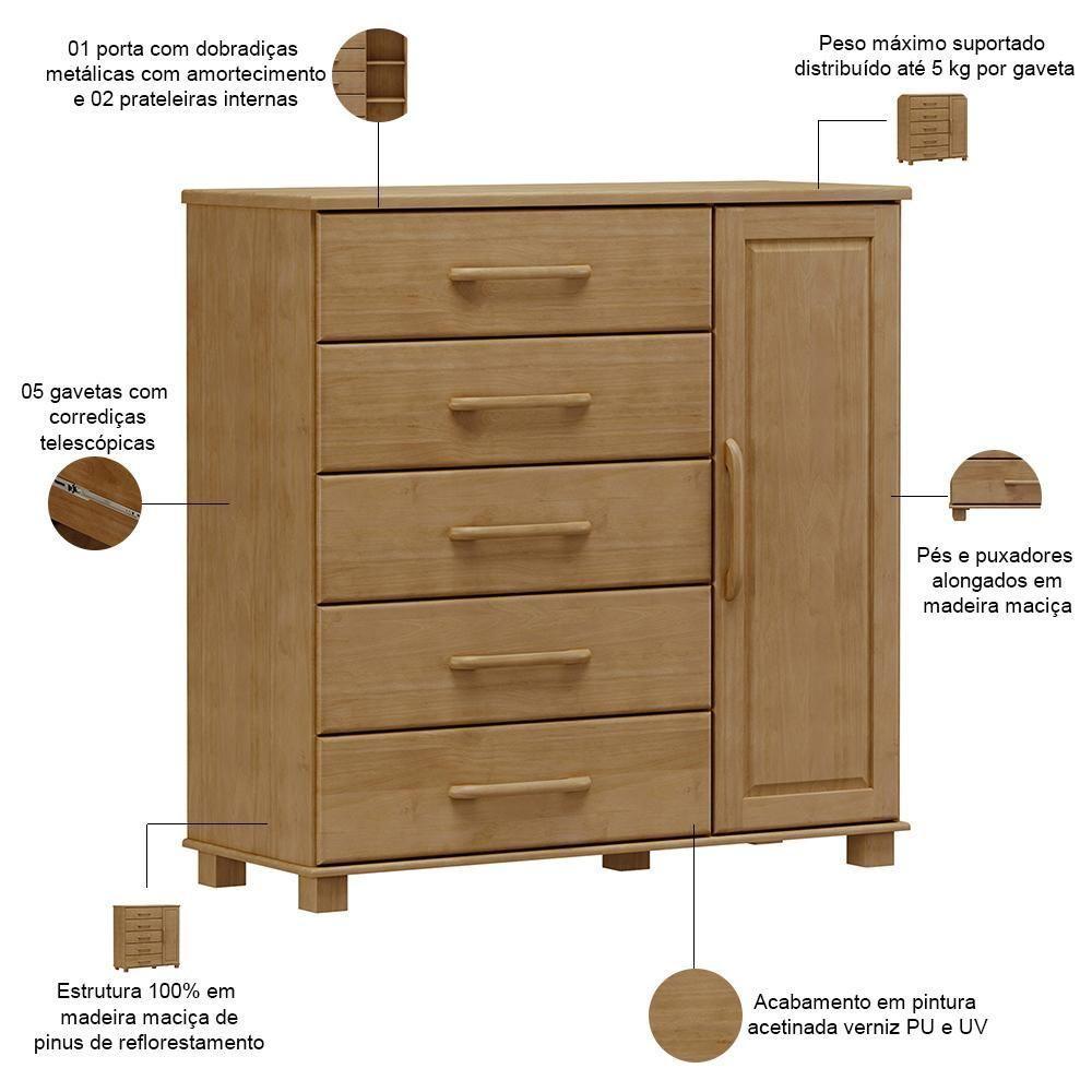 Cômoda Sapateira Para Quarto Closet 5 Gavetas 1 Porta Zahav F06 Freijó - Lyam Decor - 4