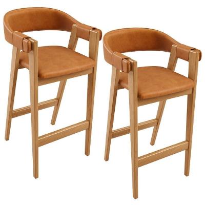 Kit 02 Banquetas Alta Nadja L02 Assento Courino Estrutura Madeira Encosto Fixo Marrom