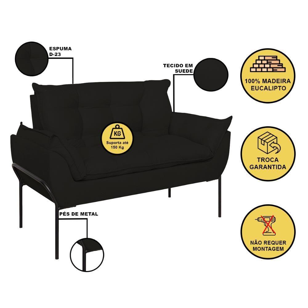 Sofá Namoradeira Base Metal Preta Reforçada Tecido Suede Preto - 2