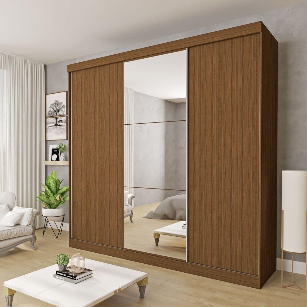 Guarda Roupa 3 Portas De Correr Com Espelho Central 4 Gavetas Evidence Minastex Freijó - 2