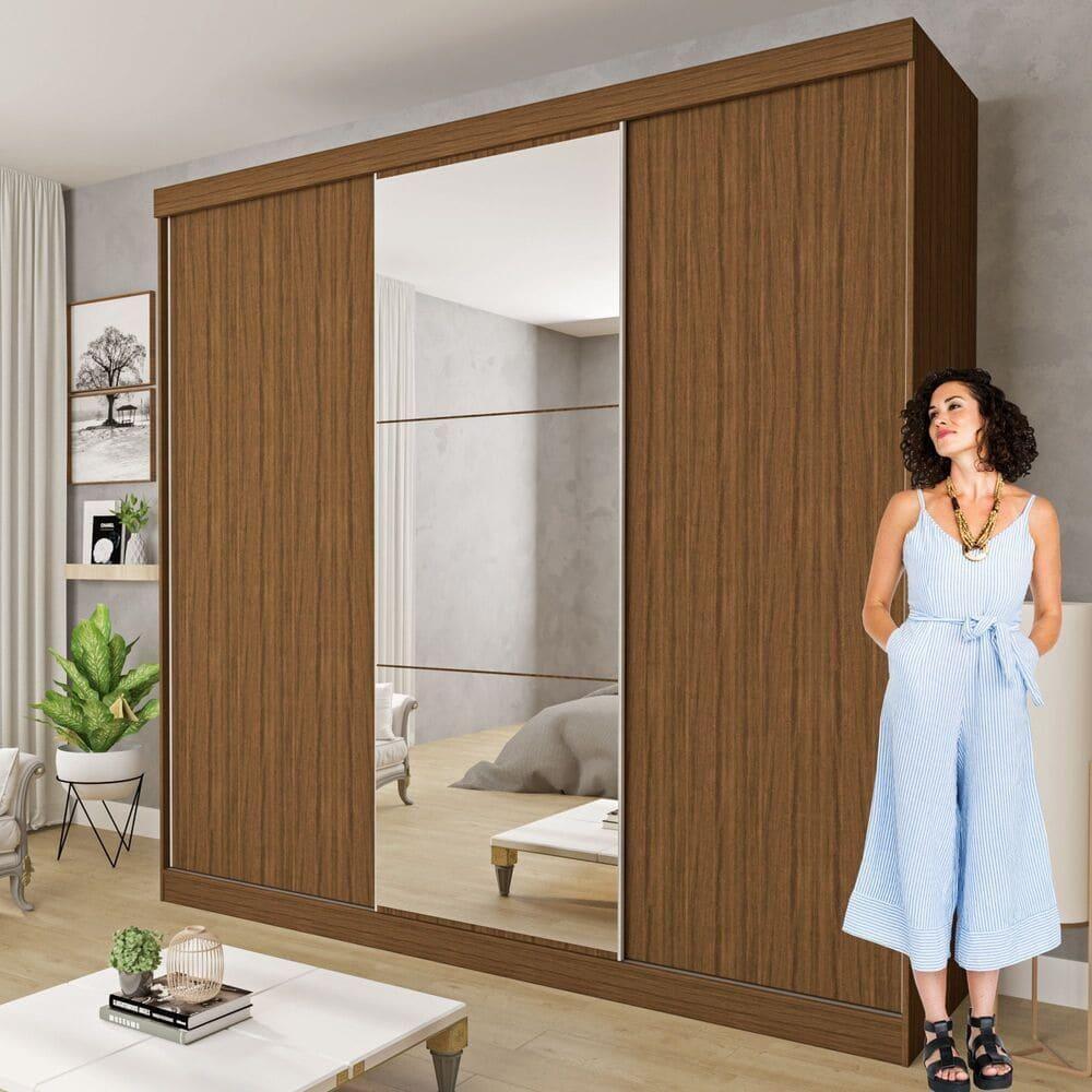 Guarda Roupa 3 Portas De Correr Com Espelho Central 4 Gavetas Evidence Minastex Freijó - 10