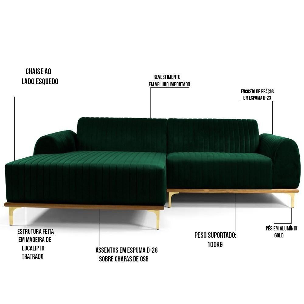 Sofá 245cm 4 Lugares Com Chaise Esquerdo Pés Gold Molino C-303 Veludo Verde Musgo - Domi - 5