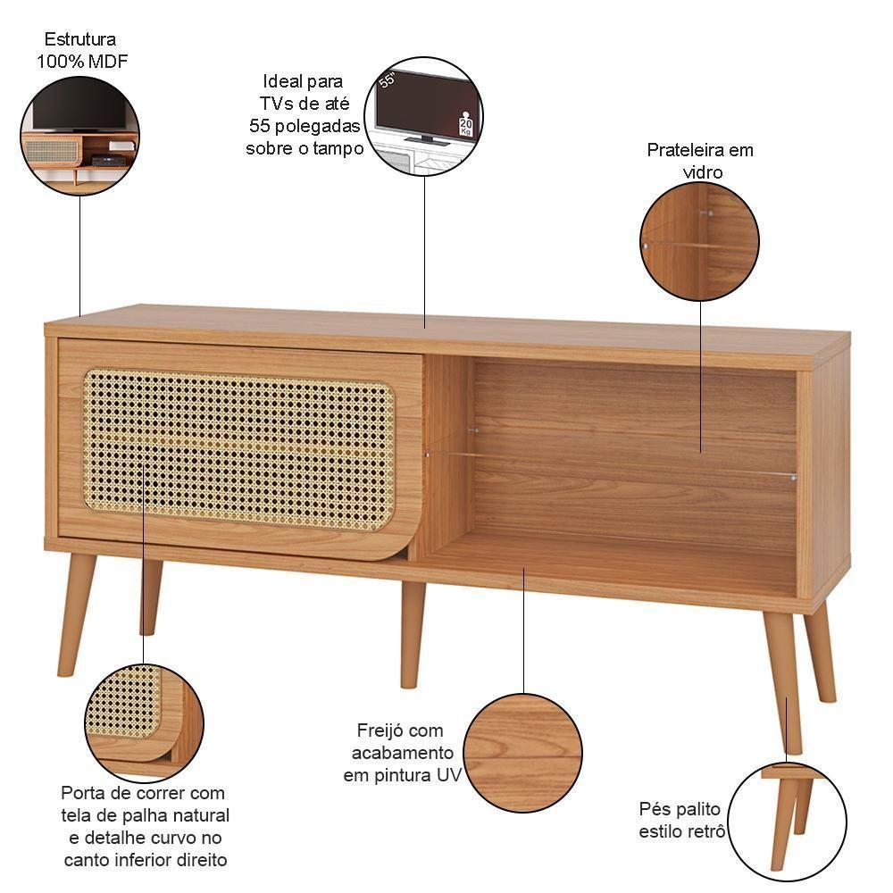 Rack Para Sala De Estar Tv 55 Pol Porta Tela Natural 135cm Mahal D03 Freijó - Lyam Decor - 4