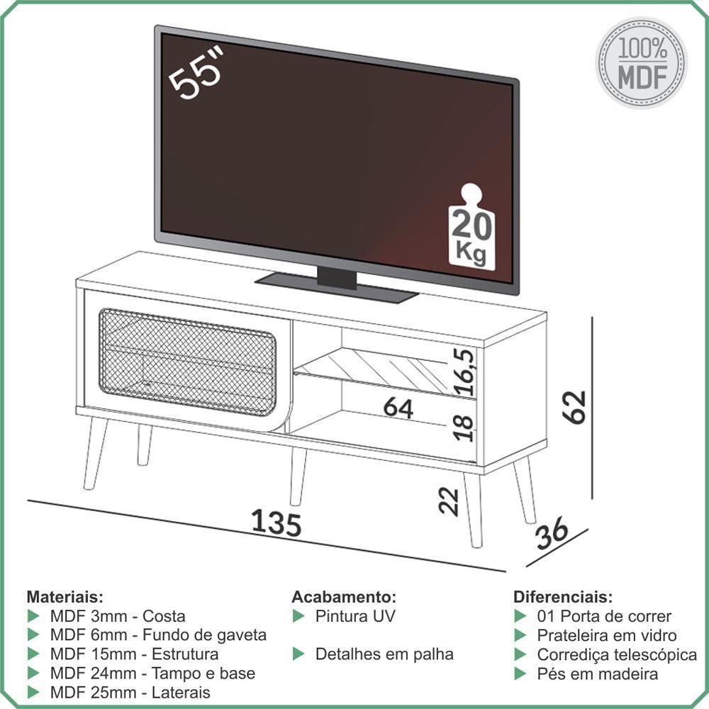 Rack Para Sala De Estar Tv 55 Pol Porta Tela Natural 135cm Mahal D03 Freijó - Lyam Decor - 5