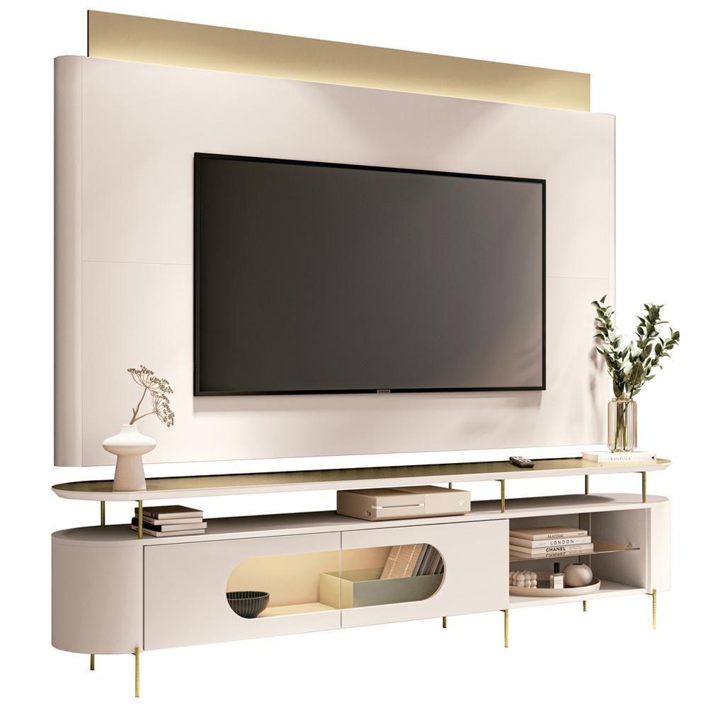 Rack Para Sala Orgânico Sâmia Com Painel Para Tv 85 Pol Aslan B01 Off White Champagne - Lyam Decor - 1