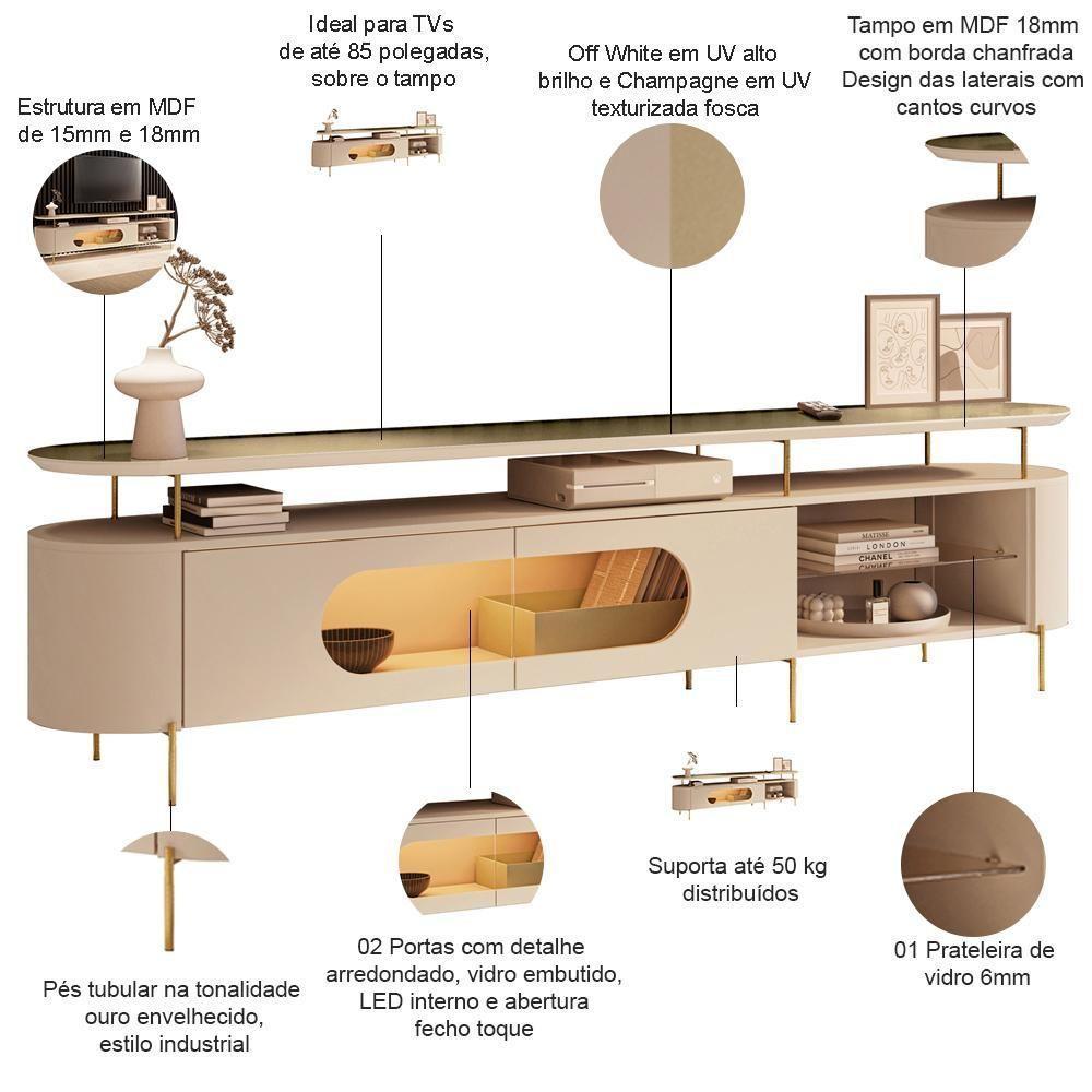 Rack Para Sala Orgânico Sâmia Com Painel Para Tv 85 Pol Aslan B01 Off White Champagne - Lyam Decor - 3