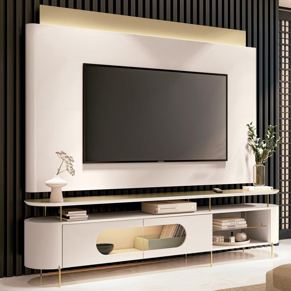 Rack Para Sala Orgânico Sâmia Com Painel Para Tv 85 Pol Aslan B01 Off White Champagne - Lyam Decor - 9