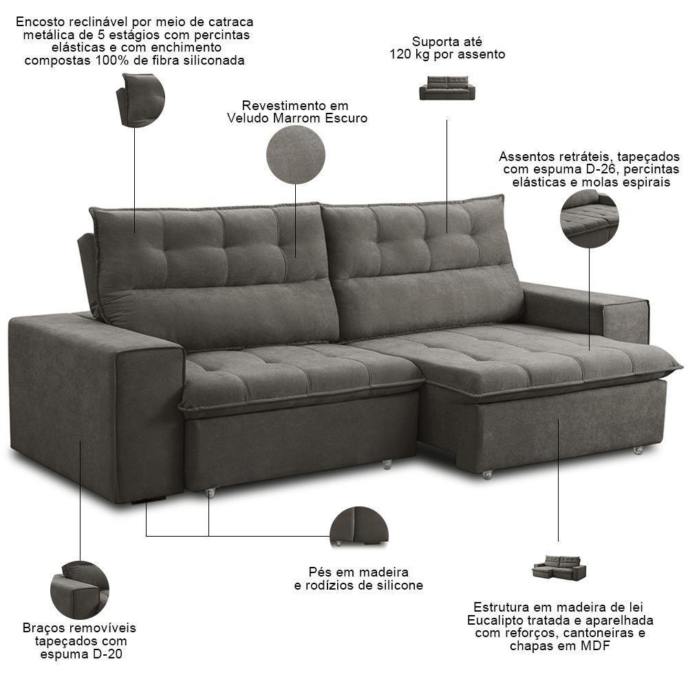 Sofá Retrátil Reclinável Para Sala 3 Lugares 220cm Neruda F04 Veludo Marrom Escuro - Lyam Decor - 3