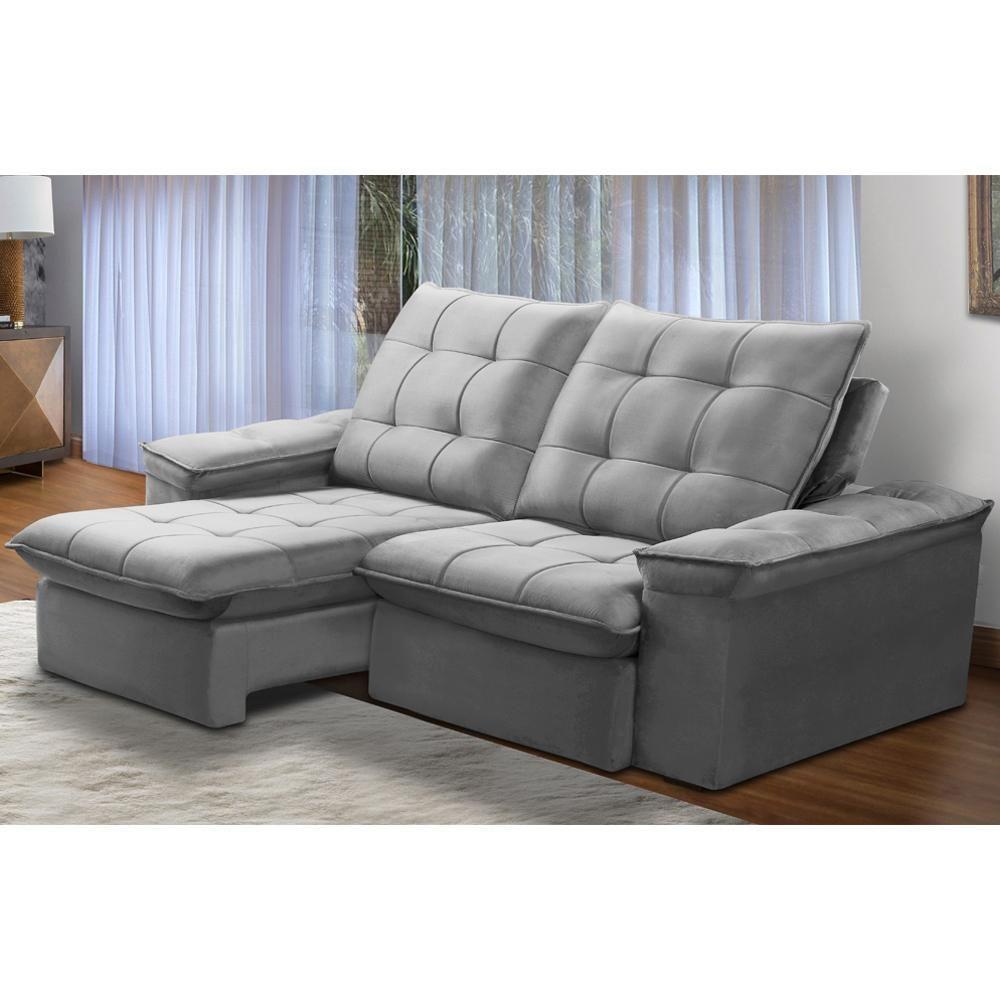 Sofá Retrátil Reclinável Para Sala 3 Lugares 210cm Nijma F04 Veludo Cinza Claro - Lyam Decor - 2
